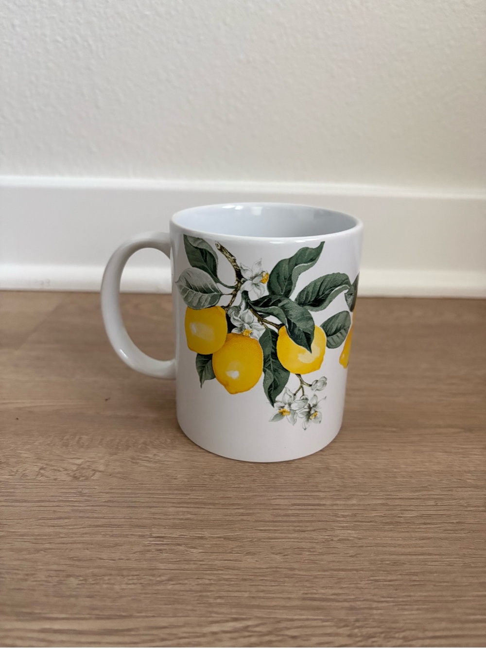 White Ceramic Lemon Print Mug - Yellow Fruit Design
